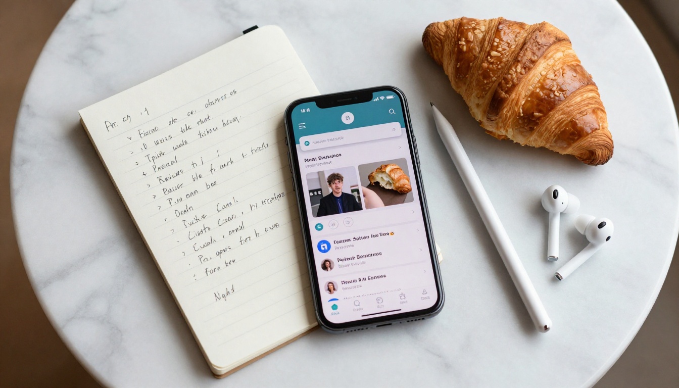 A minimalist flat lay showing an AI video app on mobile with creative notes