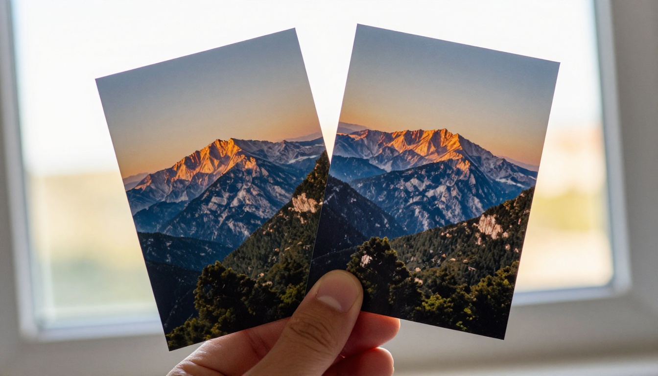 Two photo prints held against backlit window showing quality comparison Two photo prints held against backlit window showing quality comparison