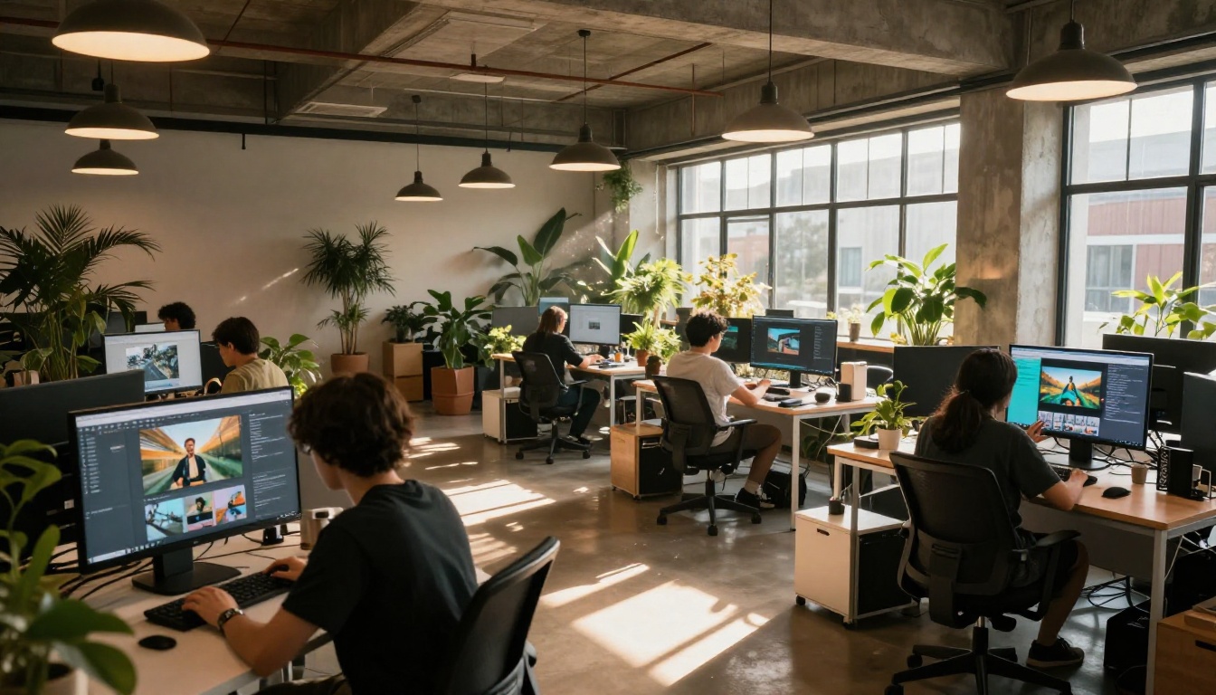 A modern co-working space with multiple creators generating AI videos simultaneously A modern co-working space with multiple creators generating AI videos simultaneously
