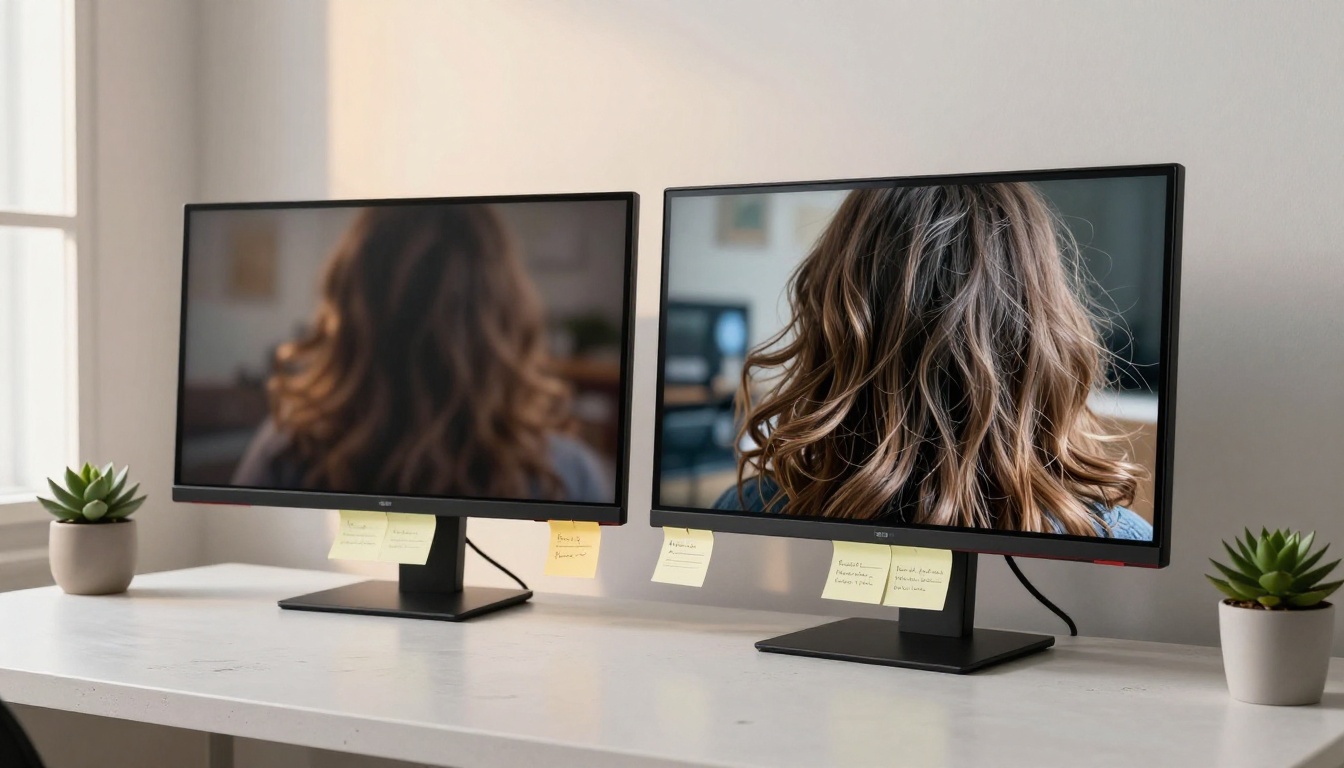 Two professional monitors side by side comparing video output quality in a minimal studio workspace