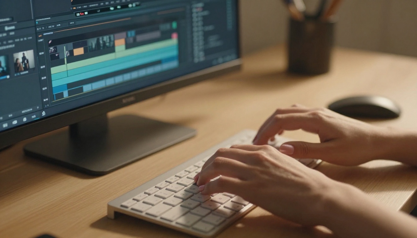 Close-up of hands typing on a mechanical keyboard with a video editing timeline visible on the monitor above