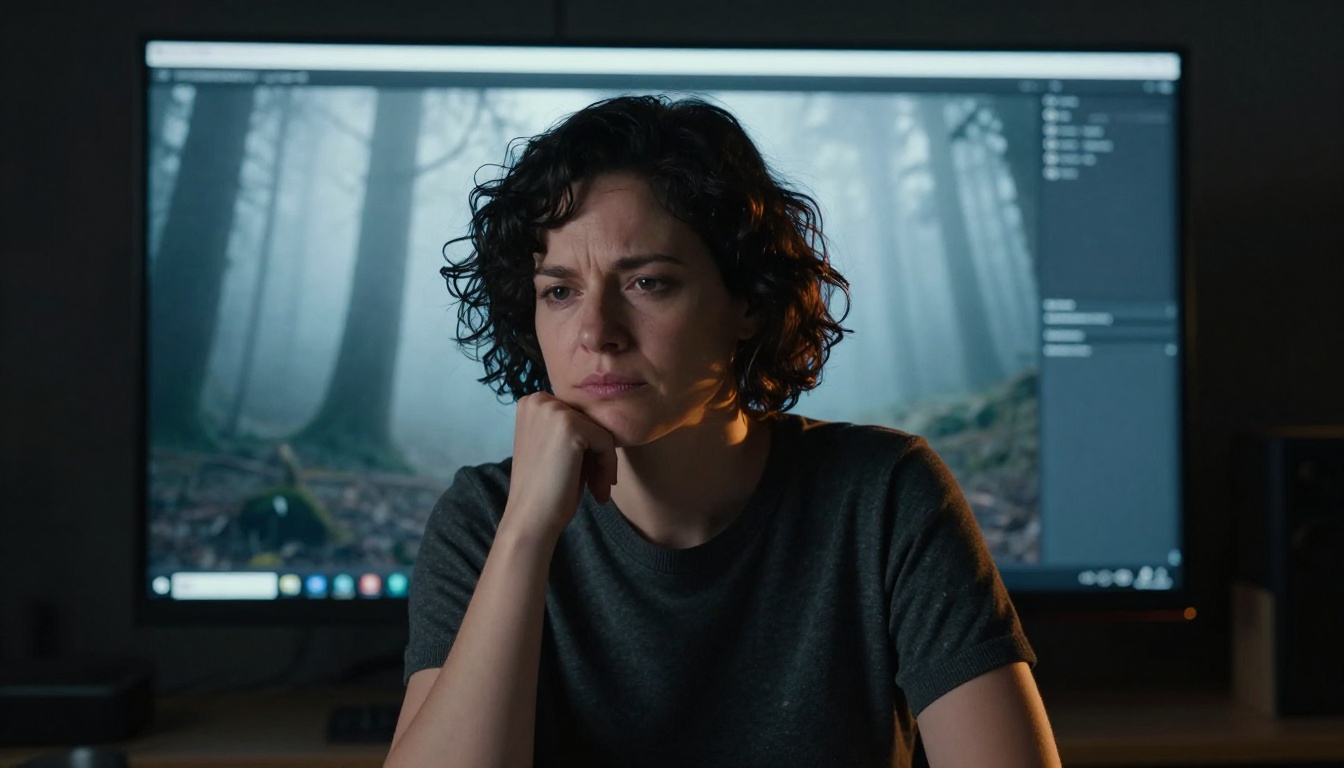 Female film director reviewing high-quality cinematic footage in a dark editing suite illuminated only by monitor glow