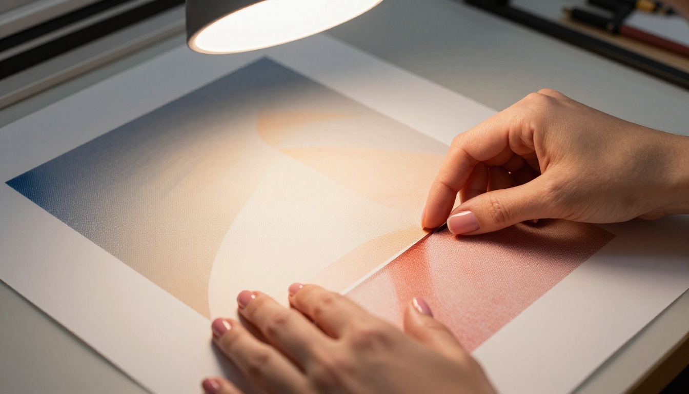 Designer hands arranging printed poster prototypes on a professional light table