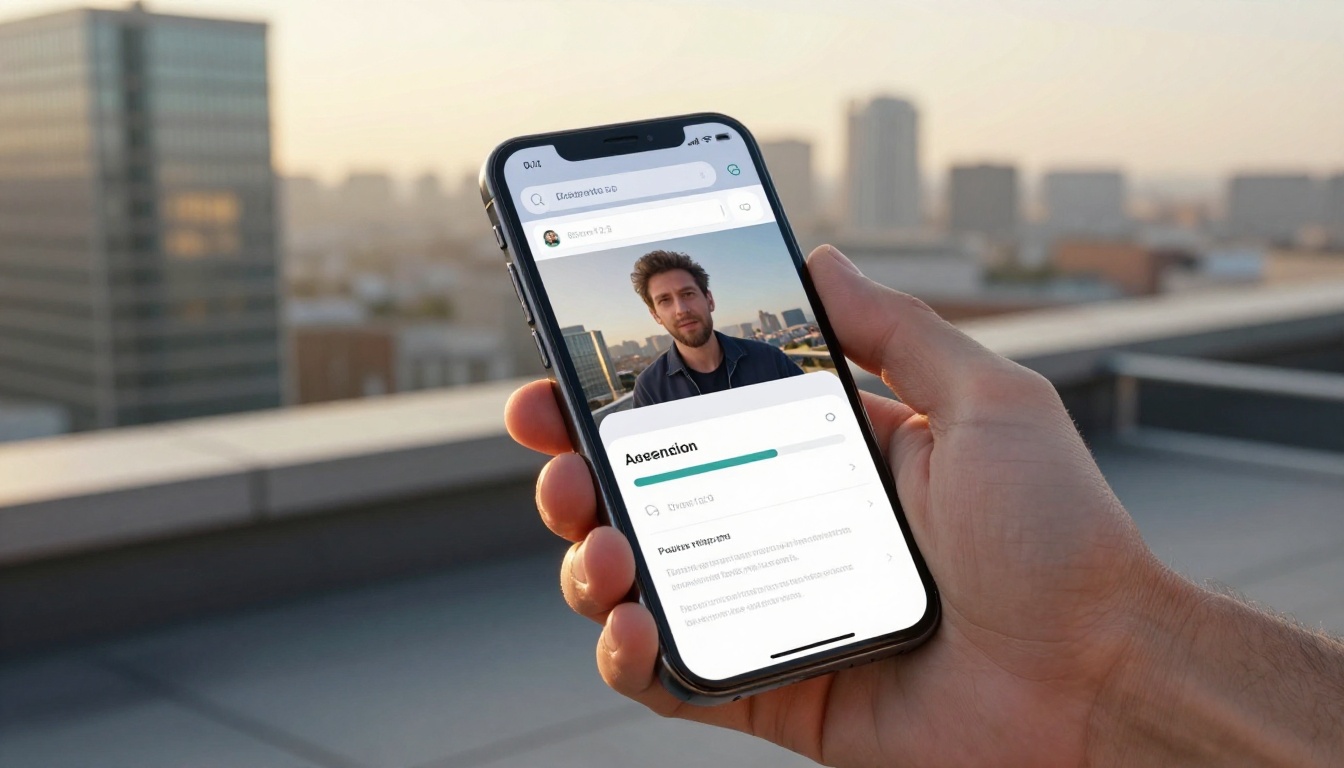 Smartphone displaying an AI video generation interface held over a rooftop terrace with city skyline visible below