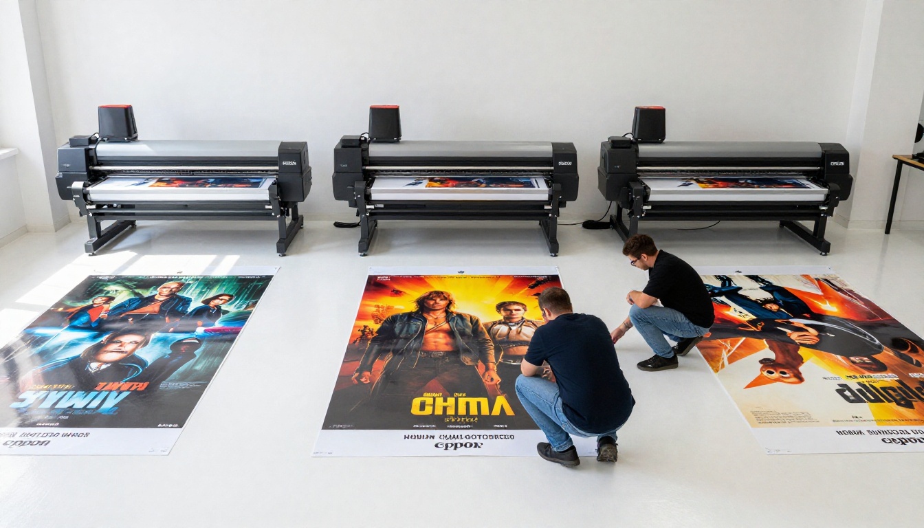 Wide aerial shot of a large-format printing studio with industrial plotters