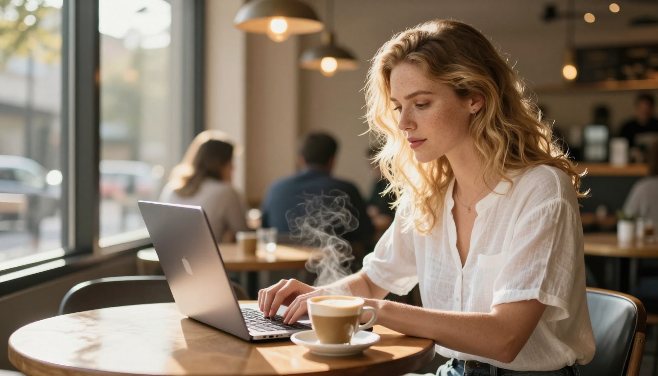 Female content creator working on a laptop in a sunlit cafe with golden hour light streaming through floor-to-ceiling windows