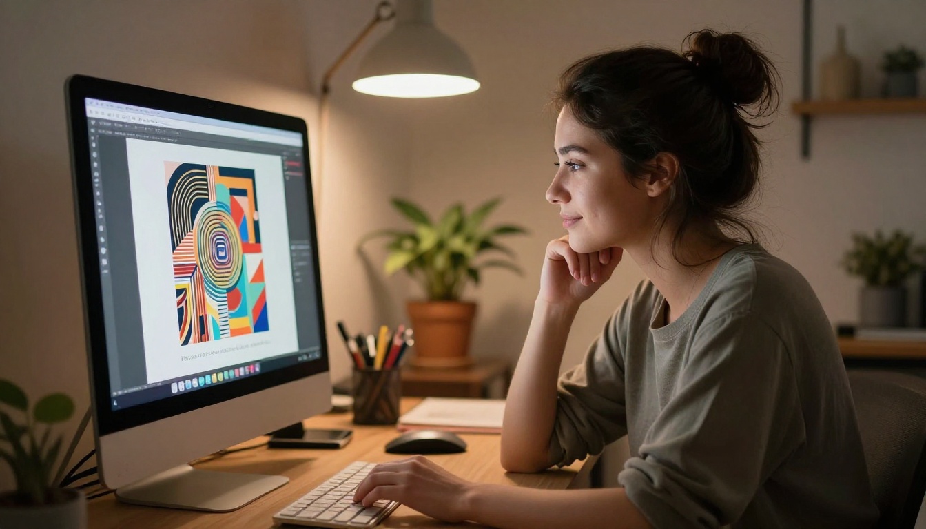 Focused woman designer working on poster art at an iMac Pro in a warm creative studio