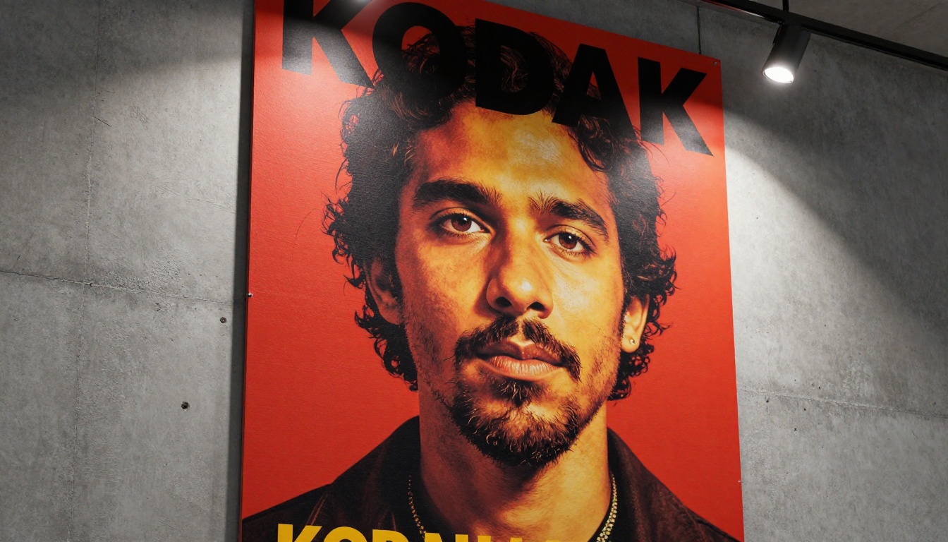 Large vibrant printed poster on a raw concrete gallery wall with gallery lighting