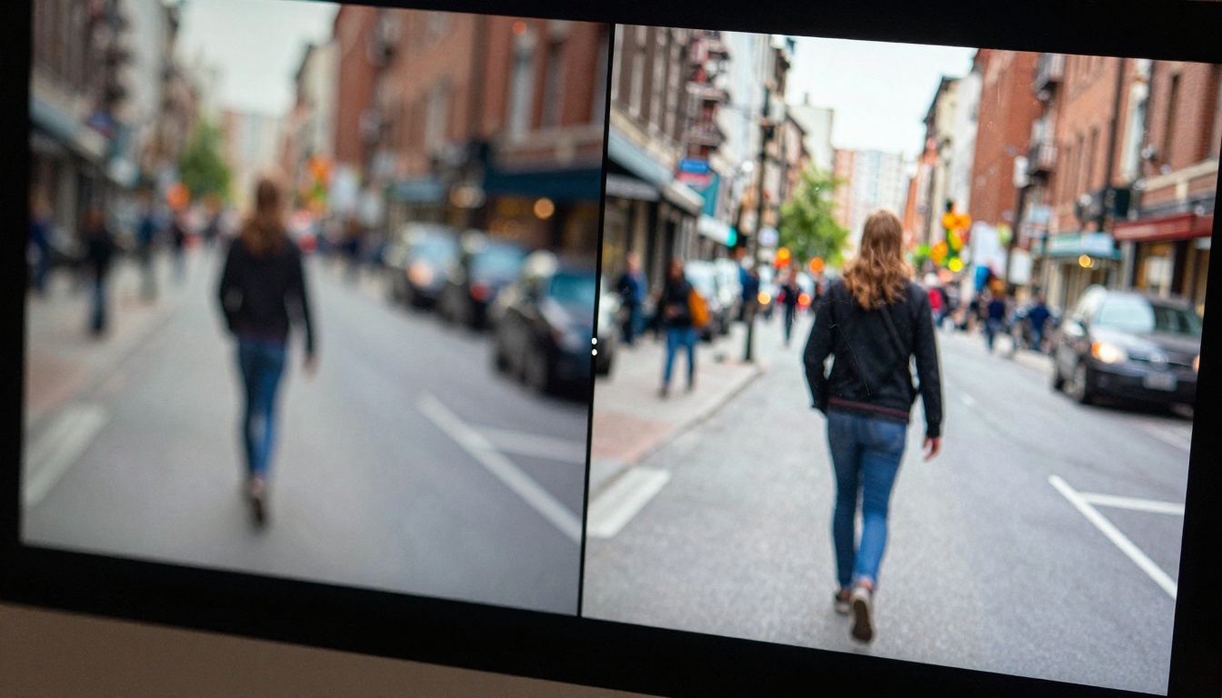 Close-up of a split-screen monitor comparison showing soft AI video output on the left versus sharp detailed output on the right