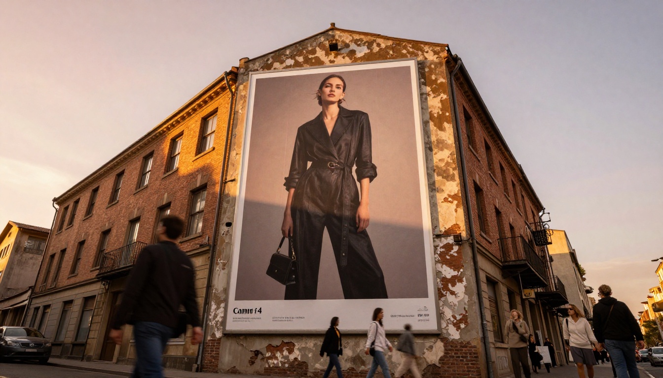 Low-angle shot of a massive fashion poster on a weathered urban building wall at golden hour