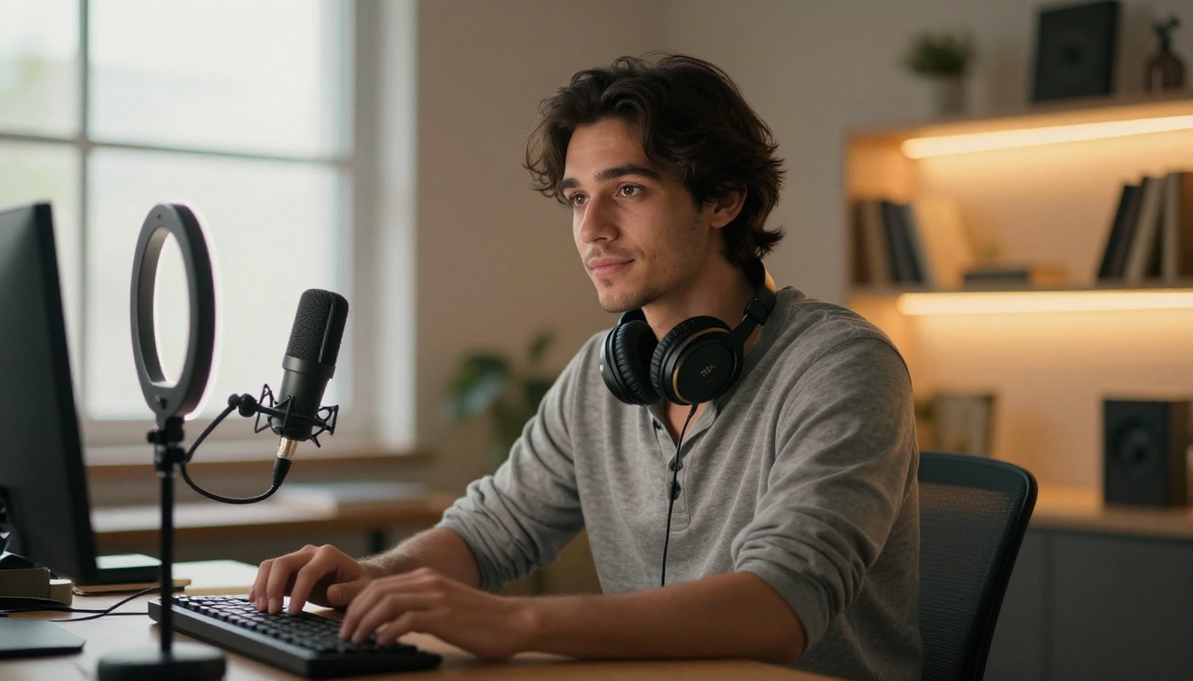 Young male content creator at a dual-monitor home studio setup with professional microphone and warm ambient lighting