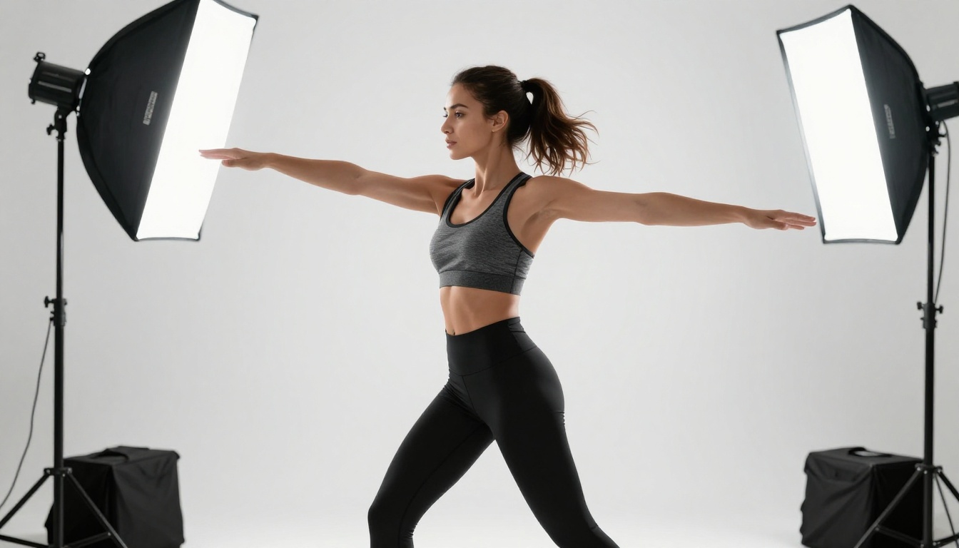 Athletic woman frozen mid-movement in a white photography studio with professional softbox lighting capturing precise motion detail