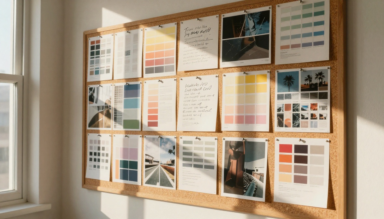 Cork mood board with printed image swatches, Pantone chips, and design reference materials