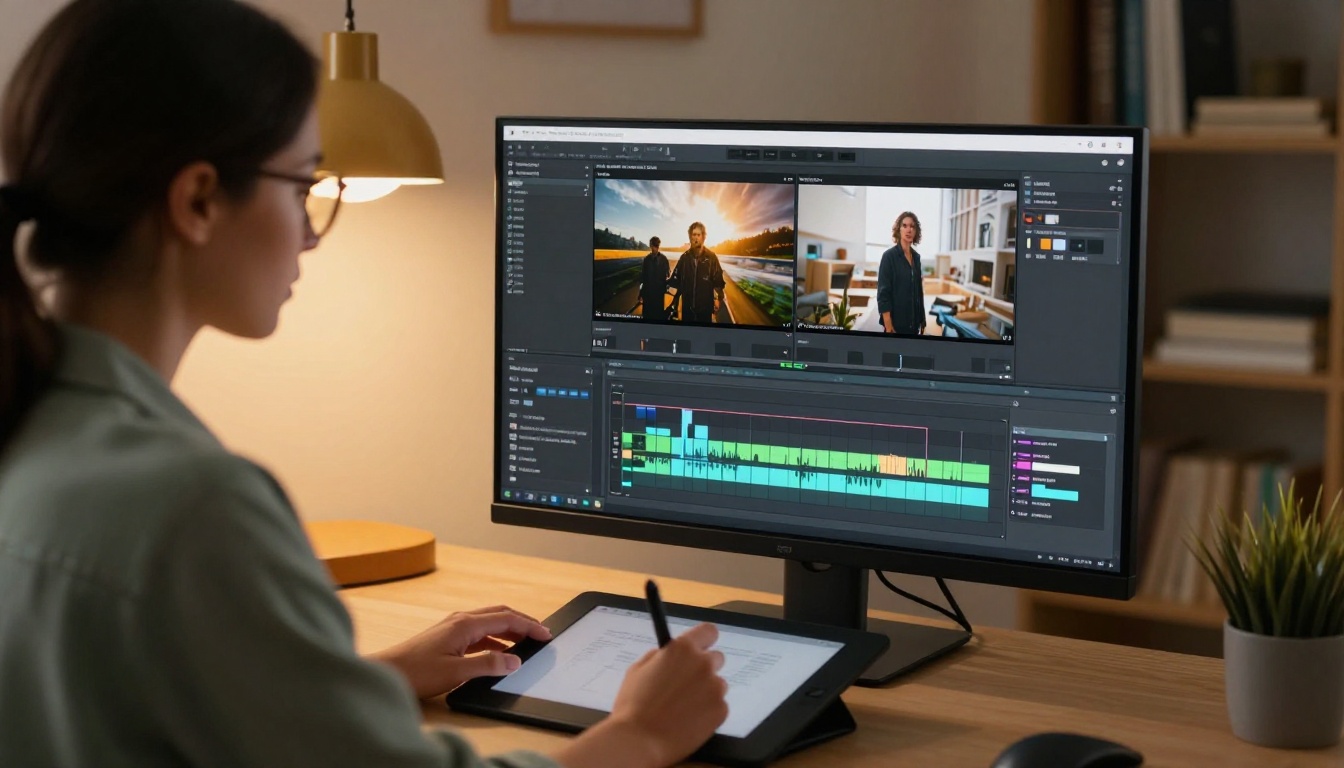 Female video editor with glasses making precise timeline edits on a wide monitor with warm ambient lighting overhead