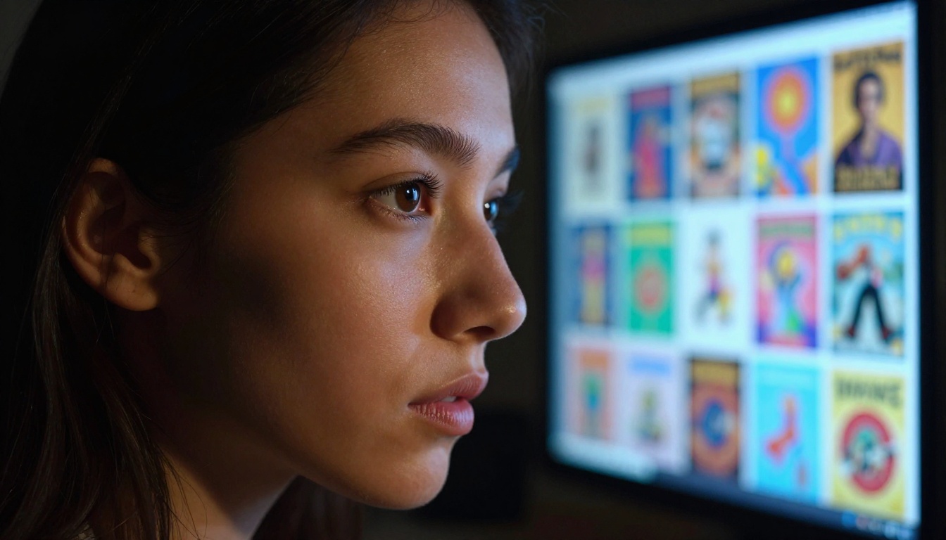 Designer's face illuminated by colorful monitor glow in a dark studio reflecting poster designs