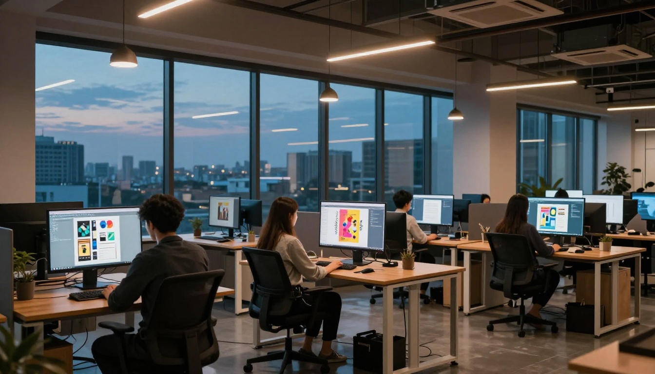 Wide shot of a modern creative agency open office at dusk with designers working on poster projects at standing desks