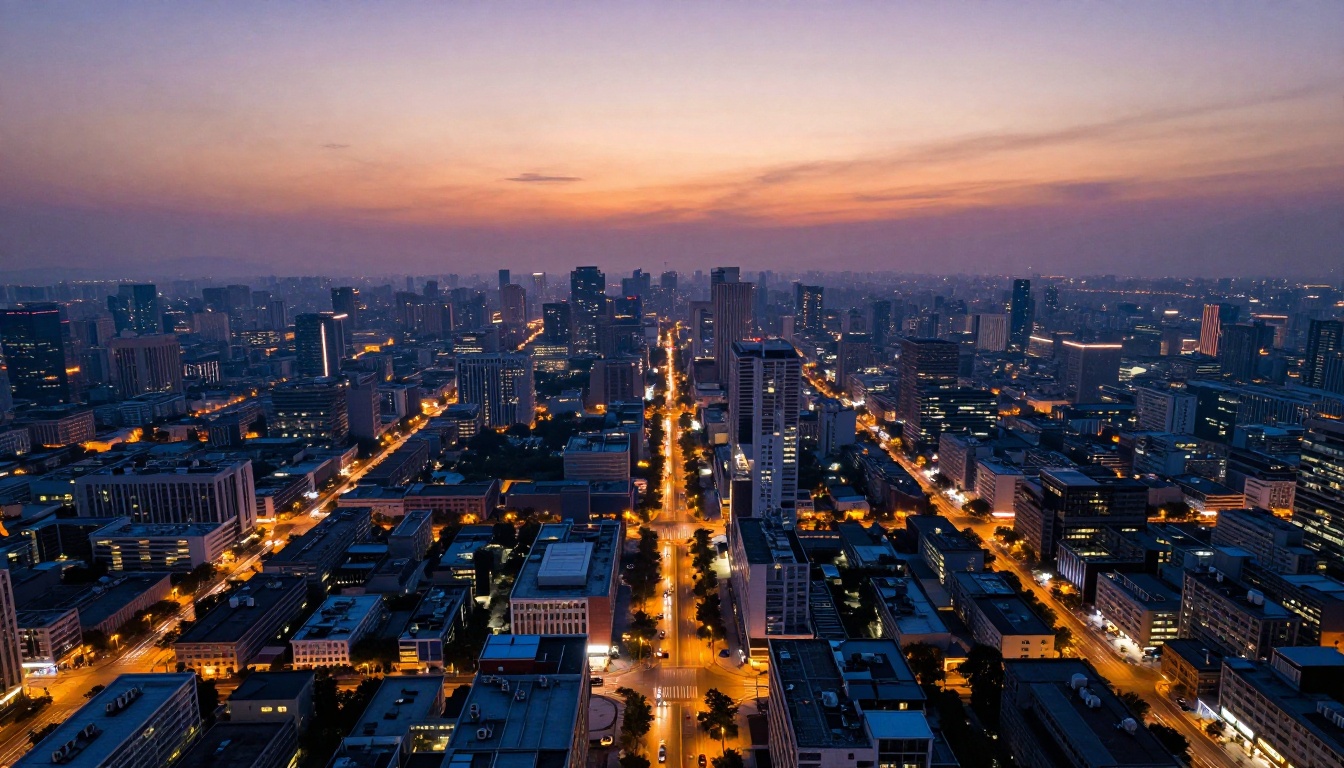Aerial drone view of a modern city at golden hour