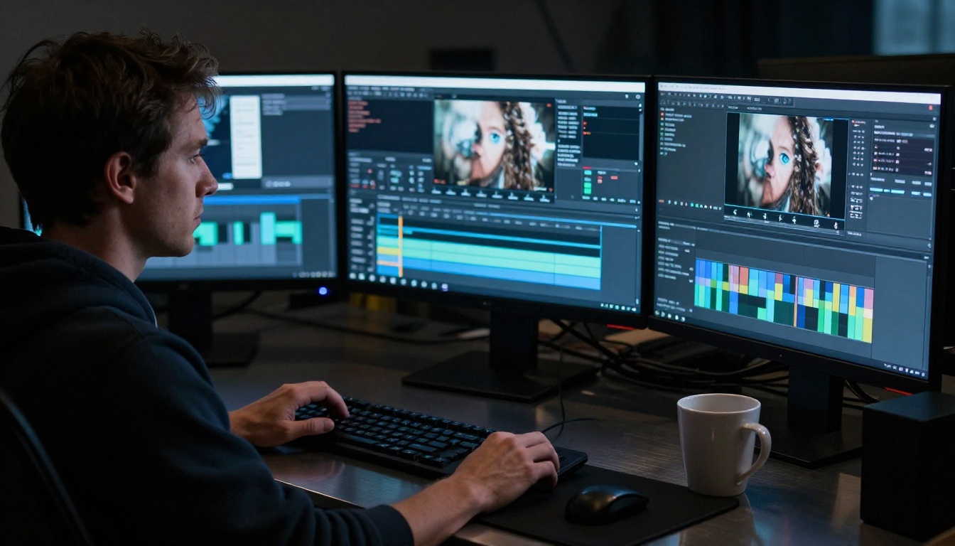 Professional video editor in dark editing suite
