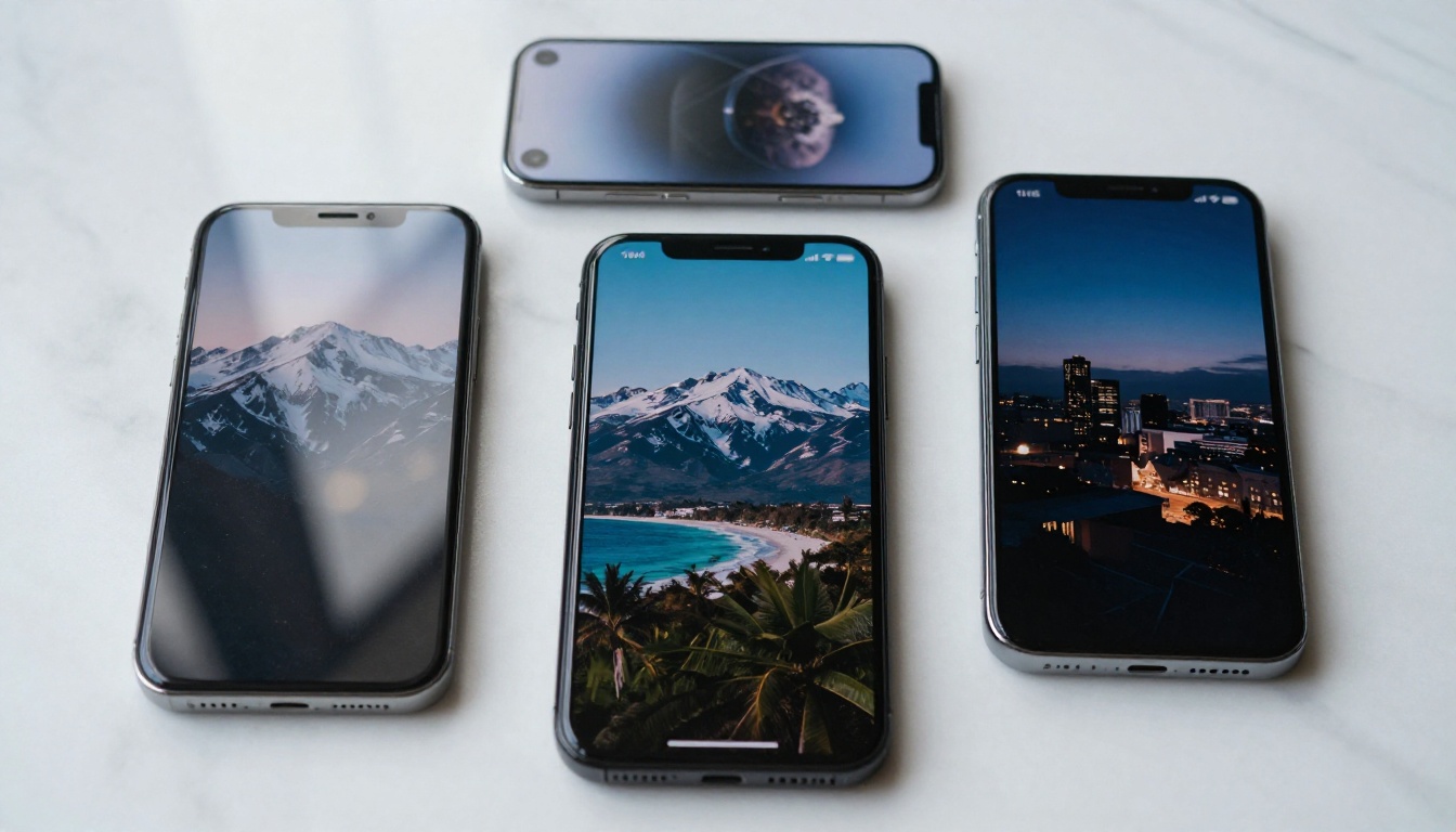 Three phones showing different AI video scenes flat lay