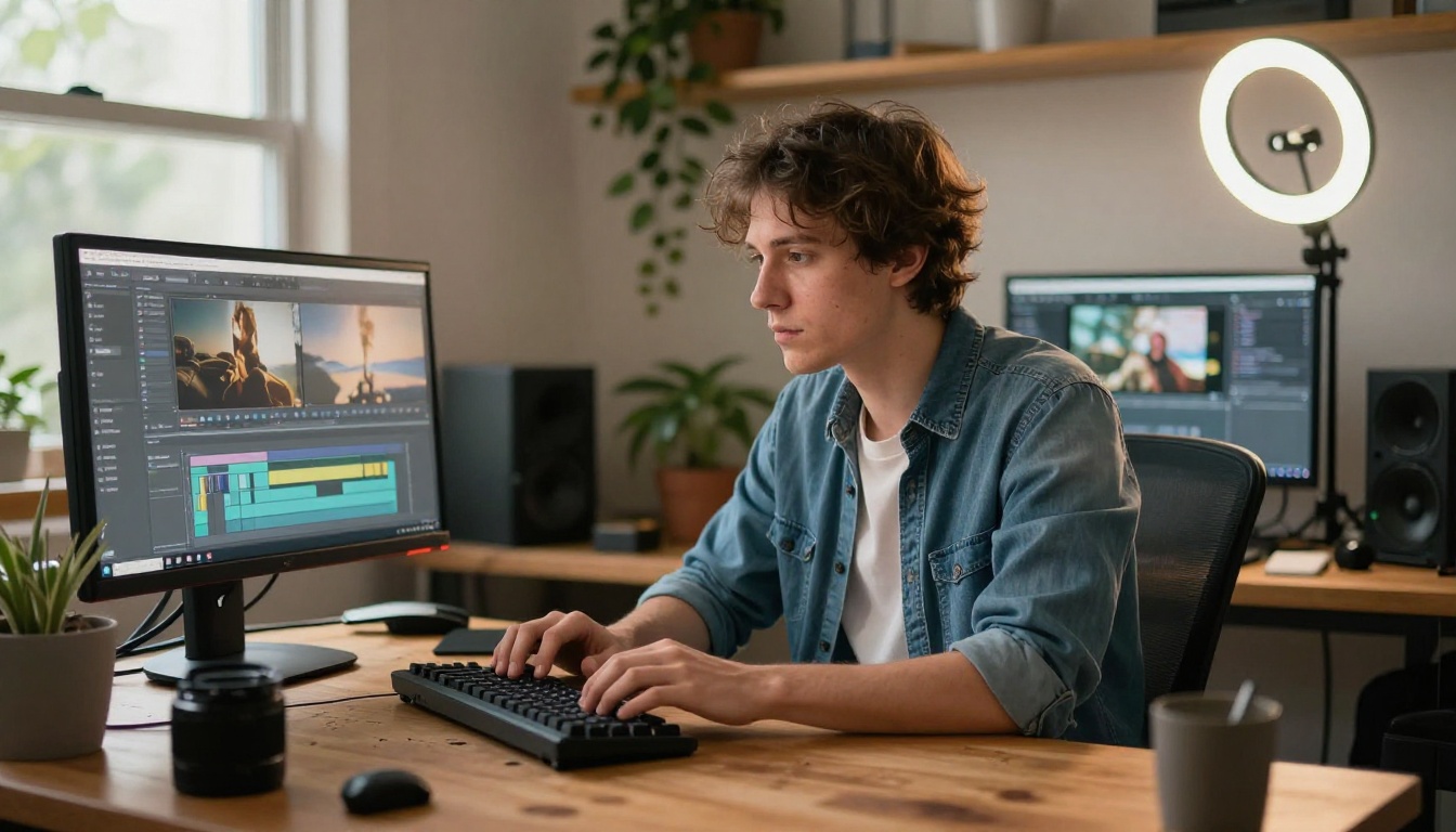 Content creator working at a home studio desk