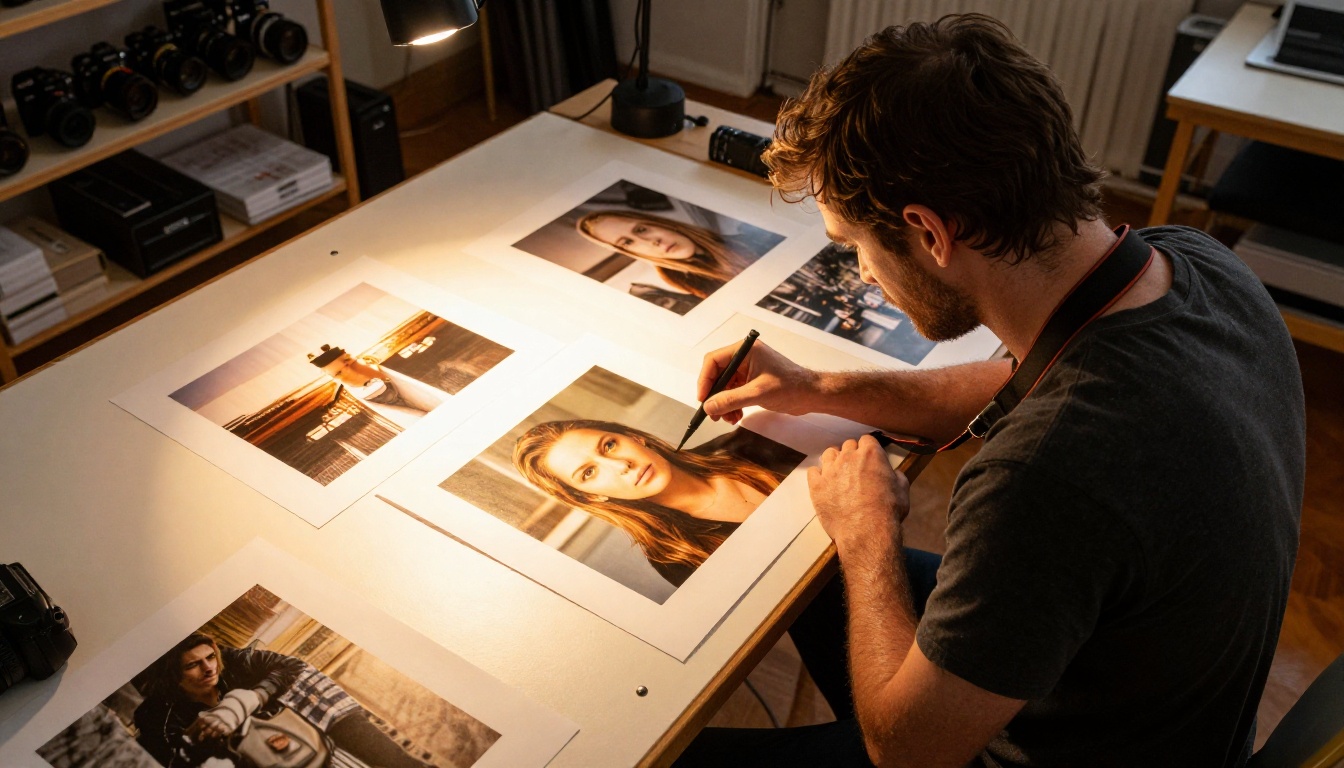 A professional photographer examining printed photographs on an illuminated light table in a warmly lit studio