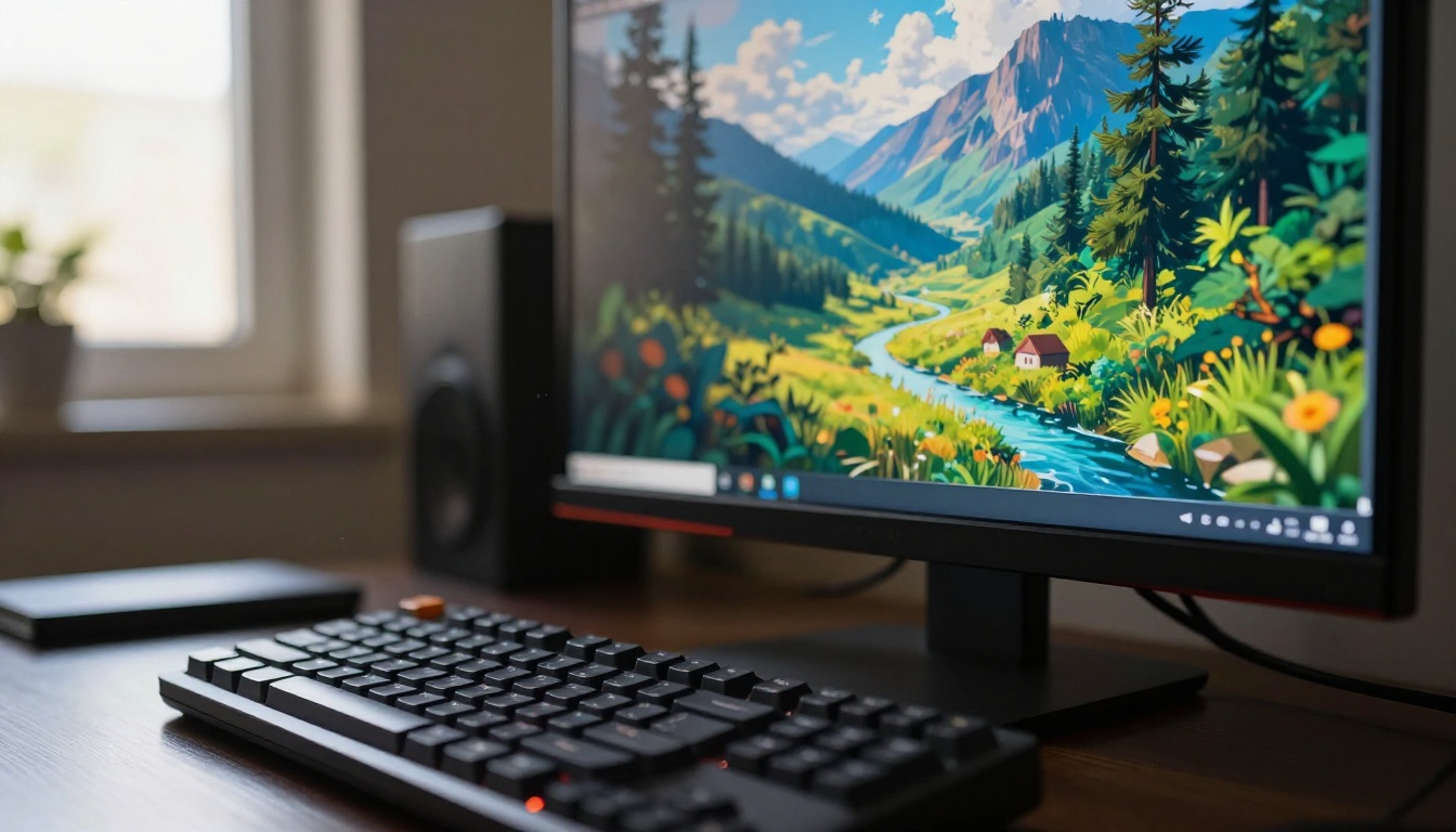 Close-up photograph of a high-resolution monitor displaying colorful AI-generated imagery with a mechanical keyboard in the foreground