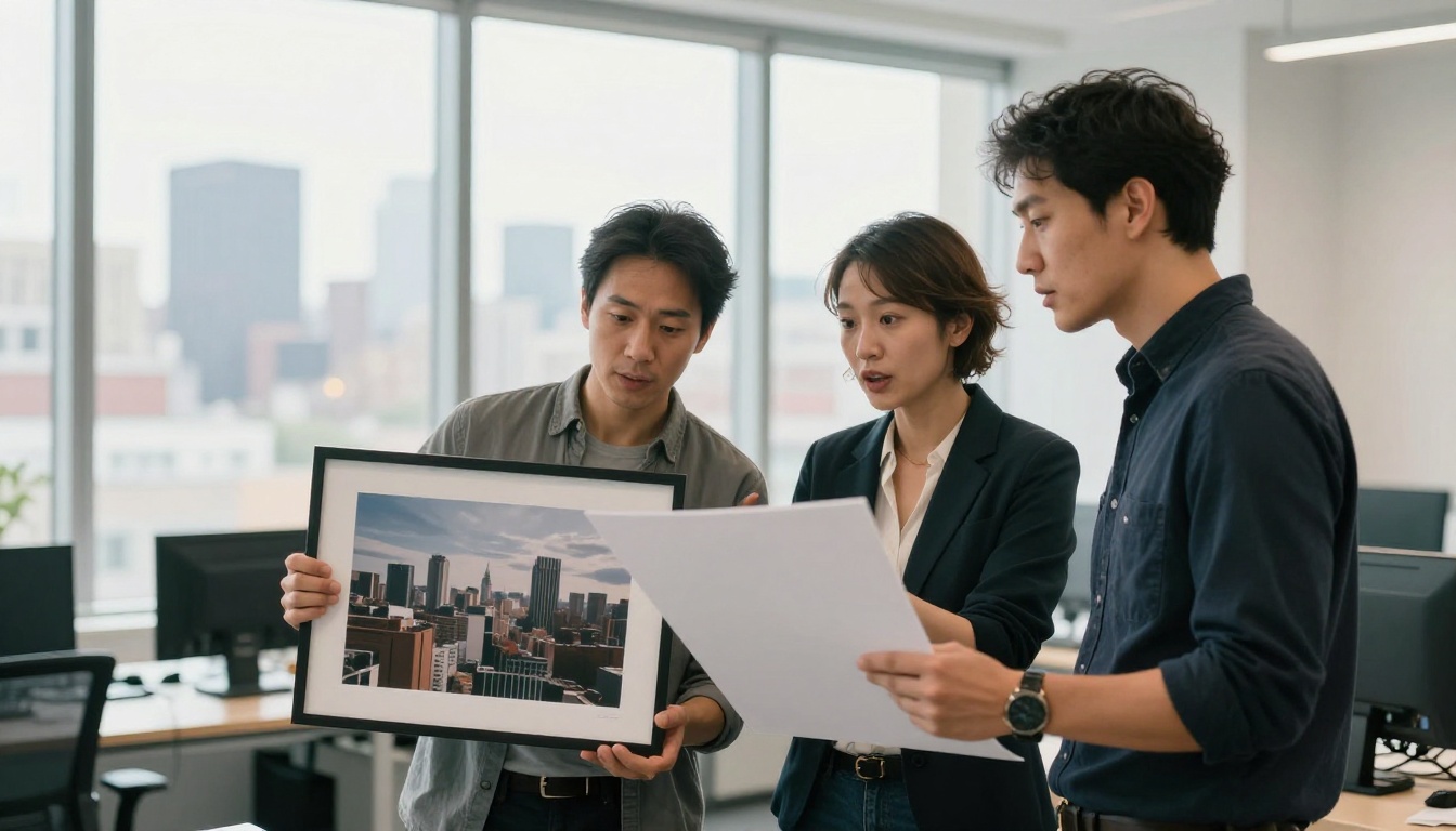 Two creative professionals standing side by side in a bright modern office comparing two large printed photographs