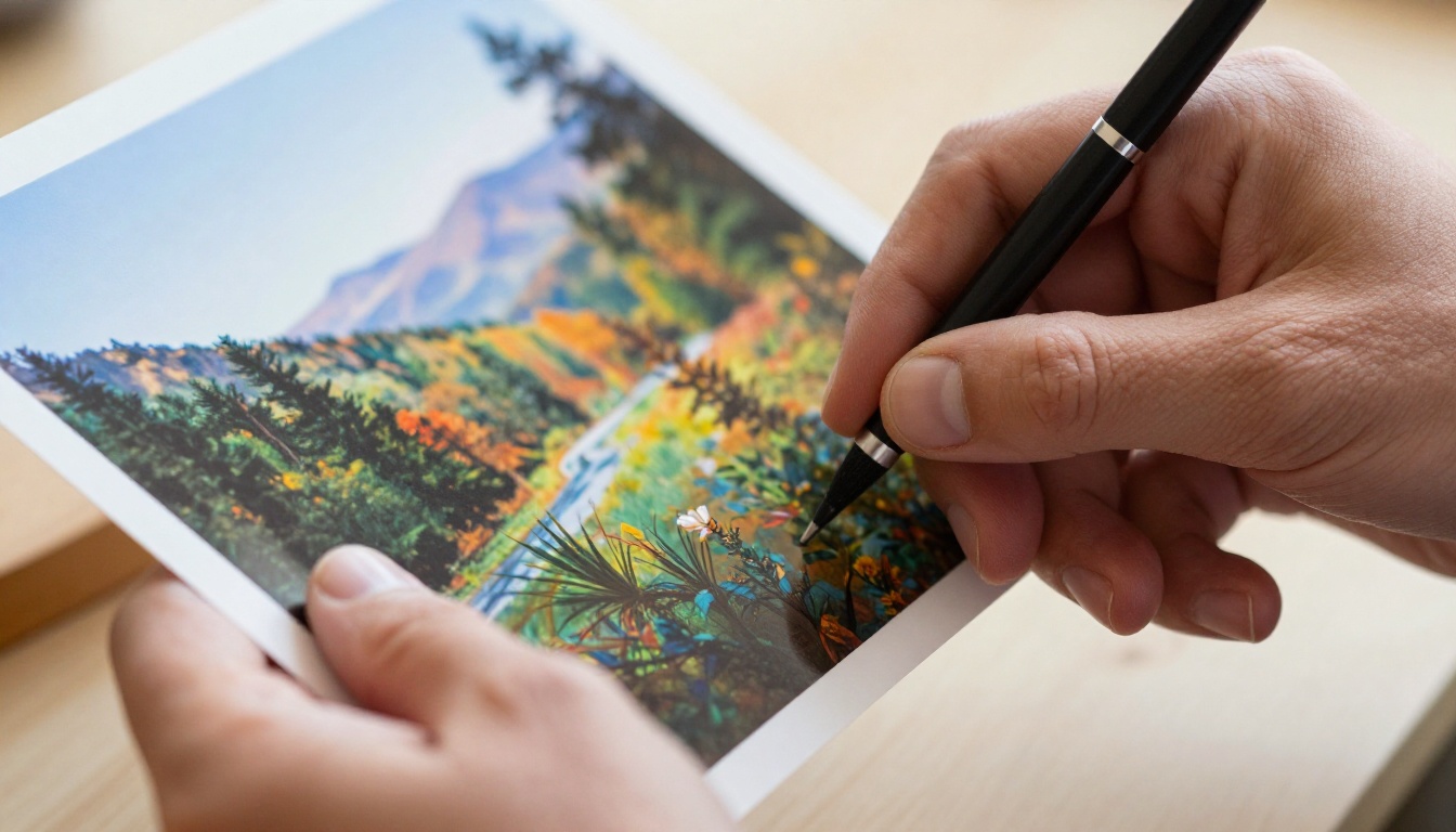 Extreme close-up macro photograph of hands holding a high-quality printed photograph with natural window light