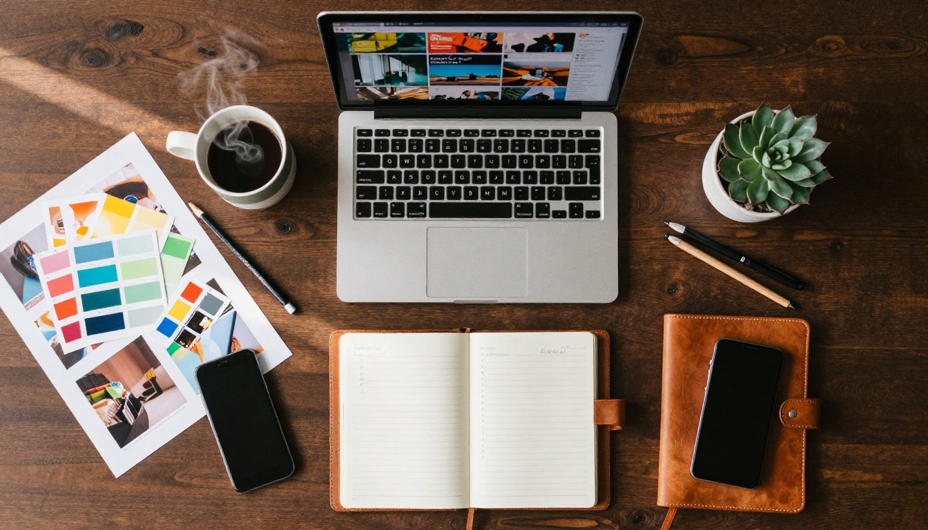 Aerial overhead flat lay of a creative professional's workspace with laptop, color swatches, coffee mug, and art supplies