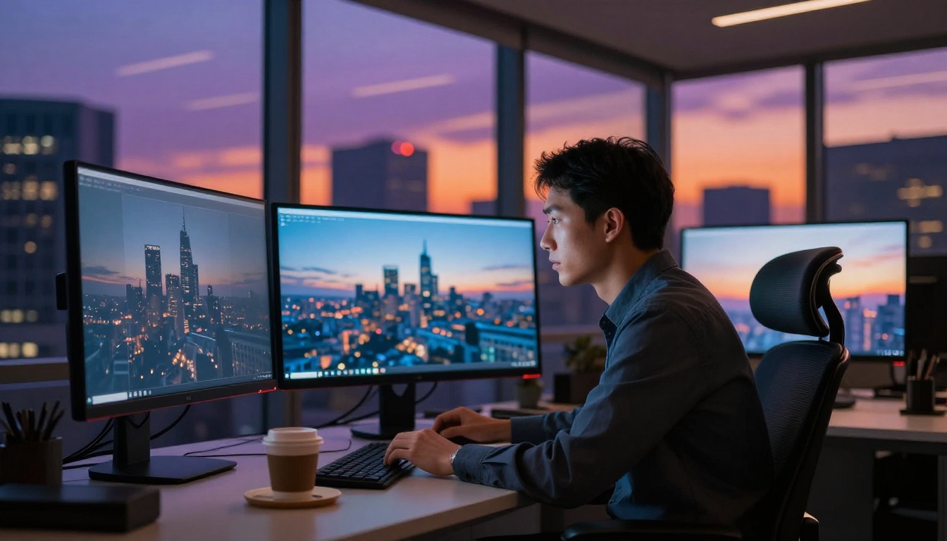 A creative director reviewing work on dual monitors with city skyline at dusk visible through panoramic windows A creative director reviewing work on dual monitors with city skyline at dusk visible through panoramic windows