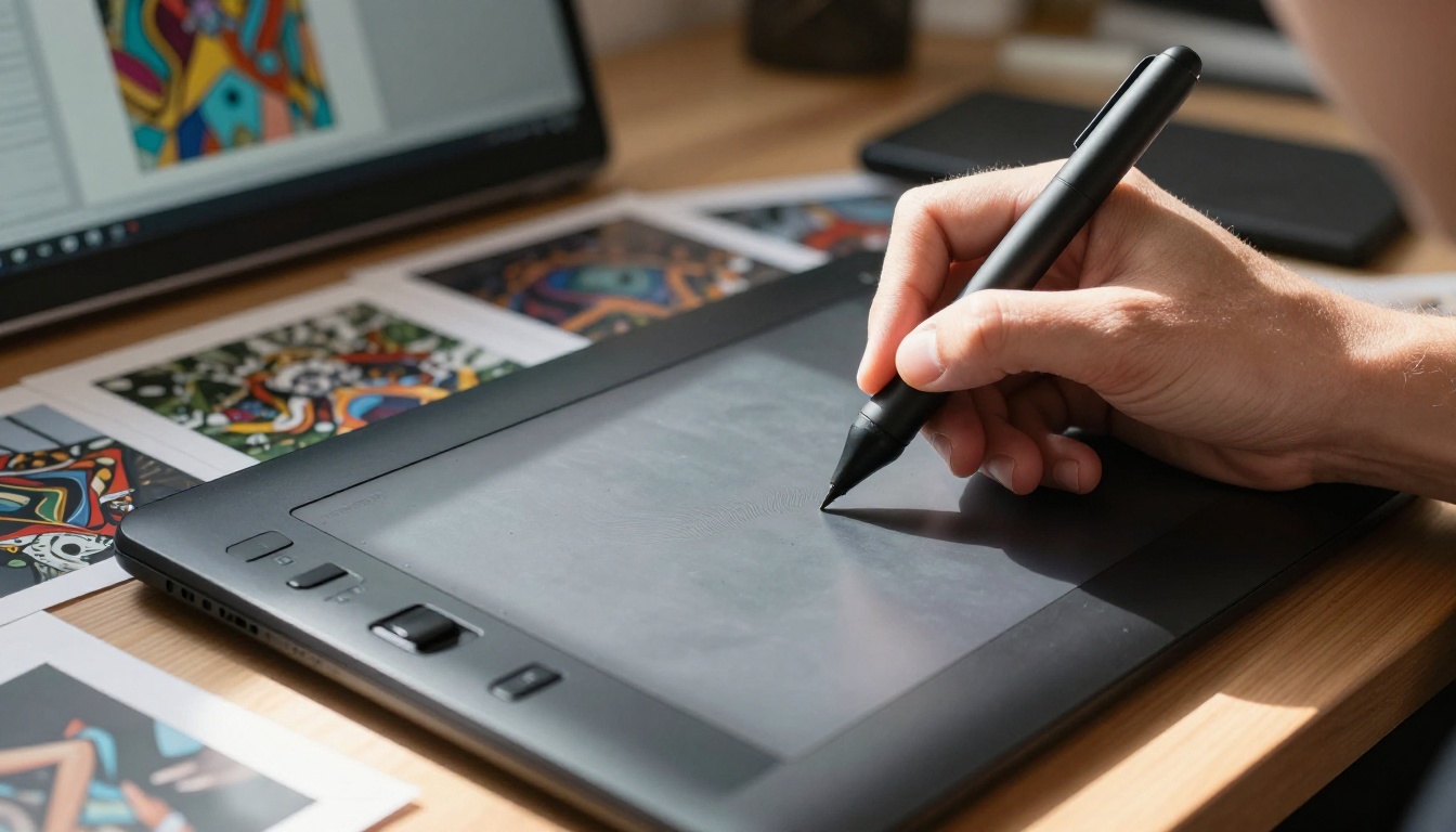 Close-up detailed photograph of an artist's hands using a precision stylus pen on a large graphics drawing tablet Close-up detailed photograph of an artist's hands using a precision stylus pen on a large graphics drawing tablet