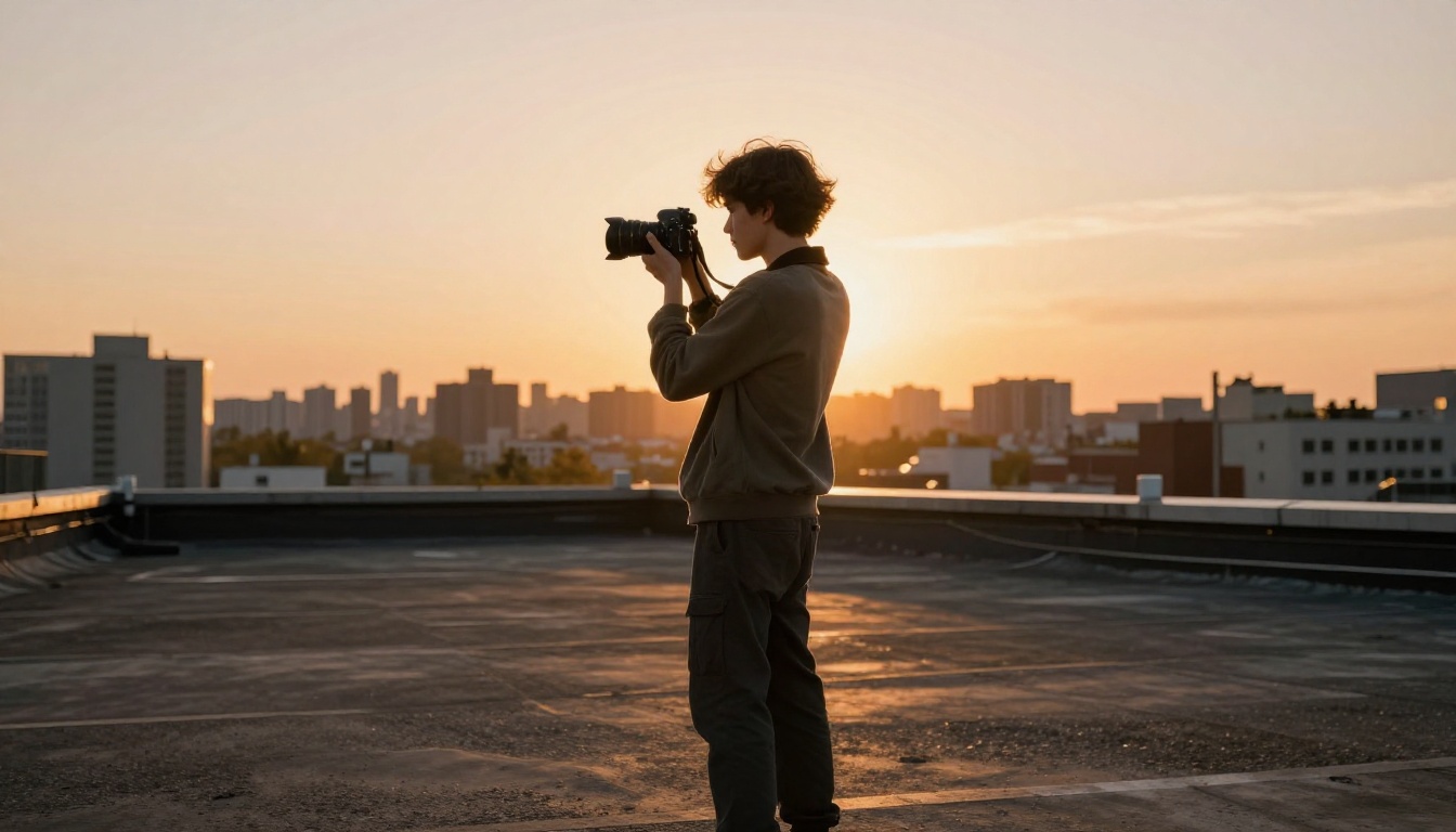 A young urban photographer on a city rooftop at golden hour holding a camera to eye level, warm backlight catching their hair A young urban photographer on a city rooftop at golden hour holding a camera to eye level, warm backlight catching their hair