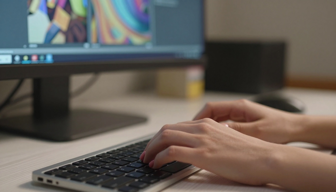 Hands typing on keyboard with AI video generation on monitor