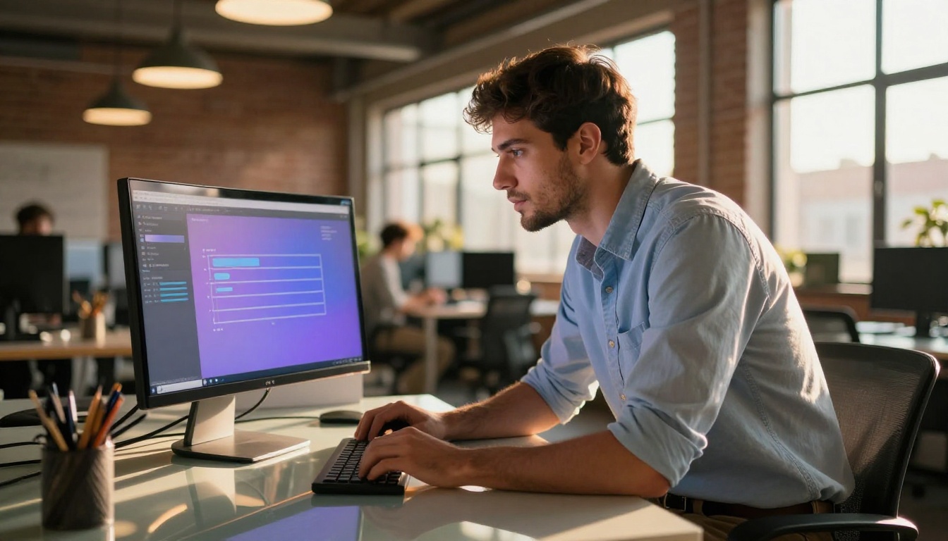 Young creator leaning into a monitor in a co-working space watching AI video generate