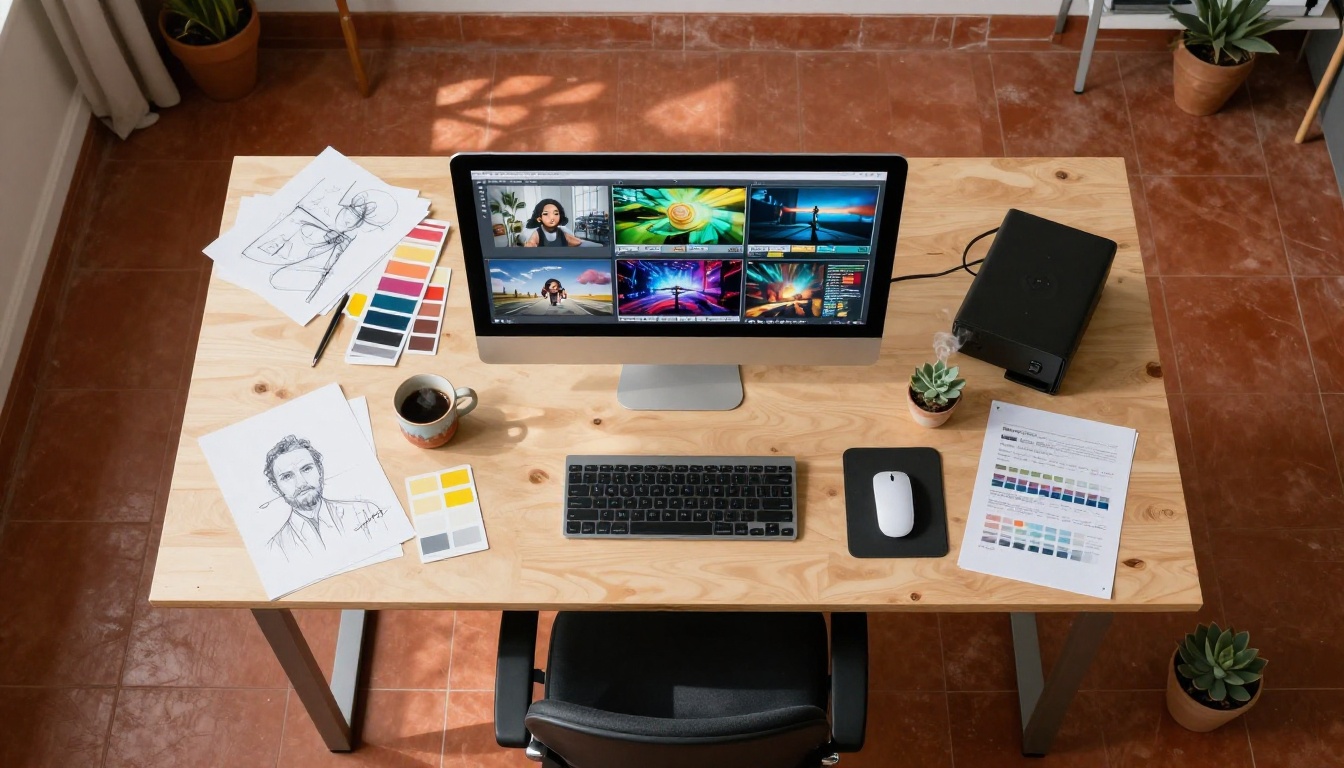 Aerial view of creative studio workspace with AI video thumbnails on screen