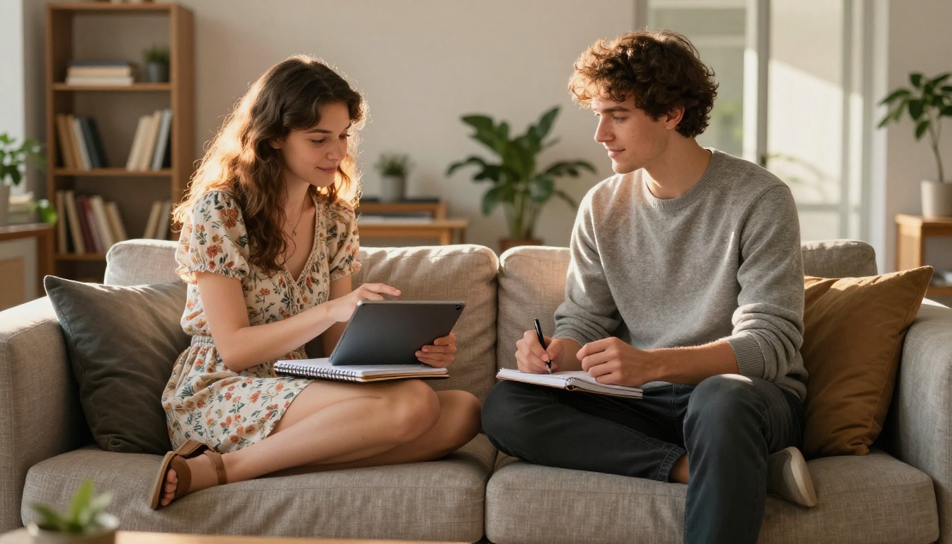 Two young creators collaborating on AI video on a tablet together on a bright sofa
