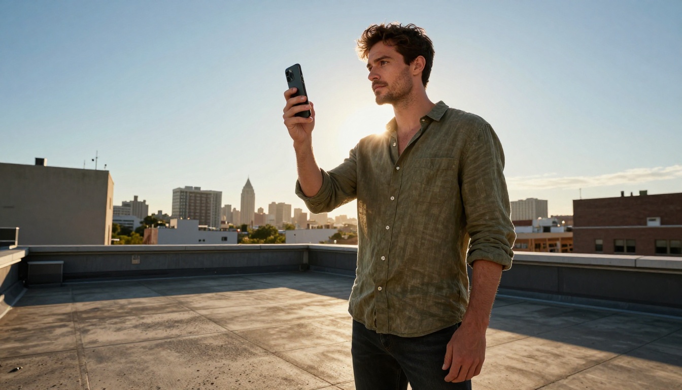 Man on rooftop watching AI-generated video on smartphone