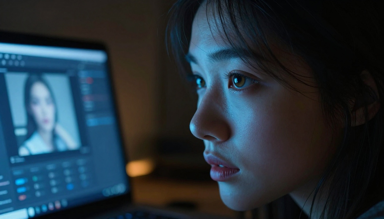 Creator intently focused on a glowing laptop screen in a dim room, screen light reflecting in her eyes
