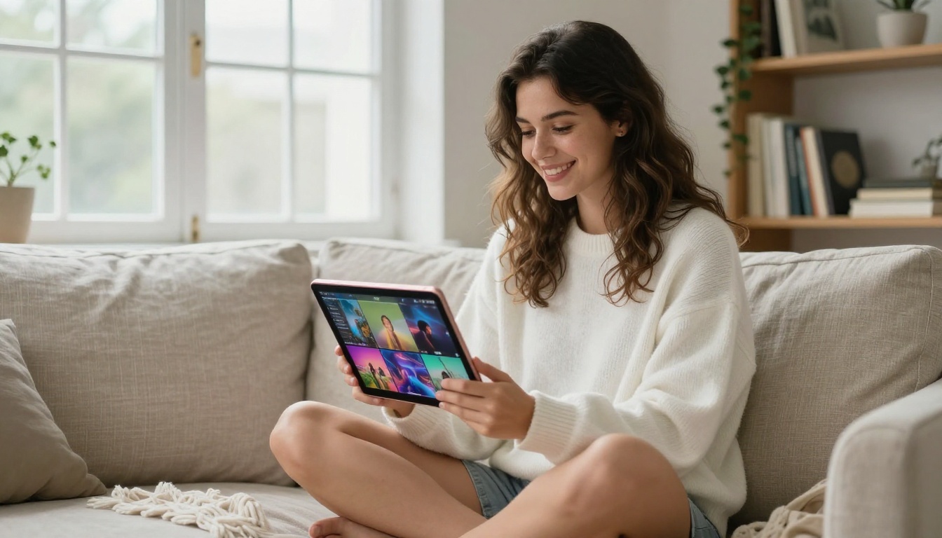 Woman on linen sofa reviewing AI-generated video content on tablet