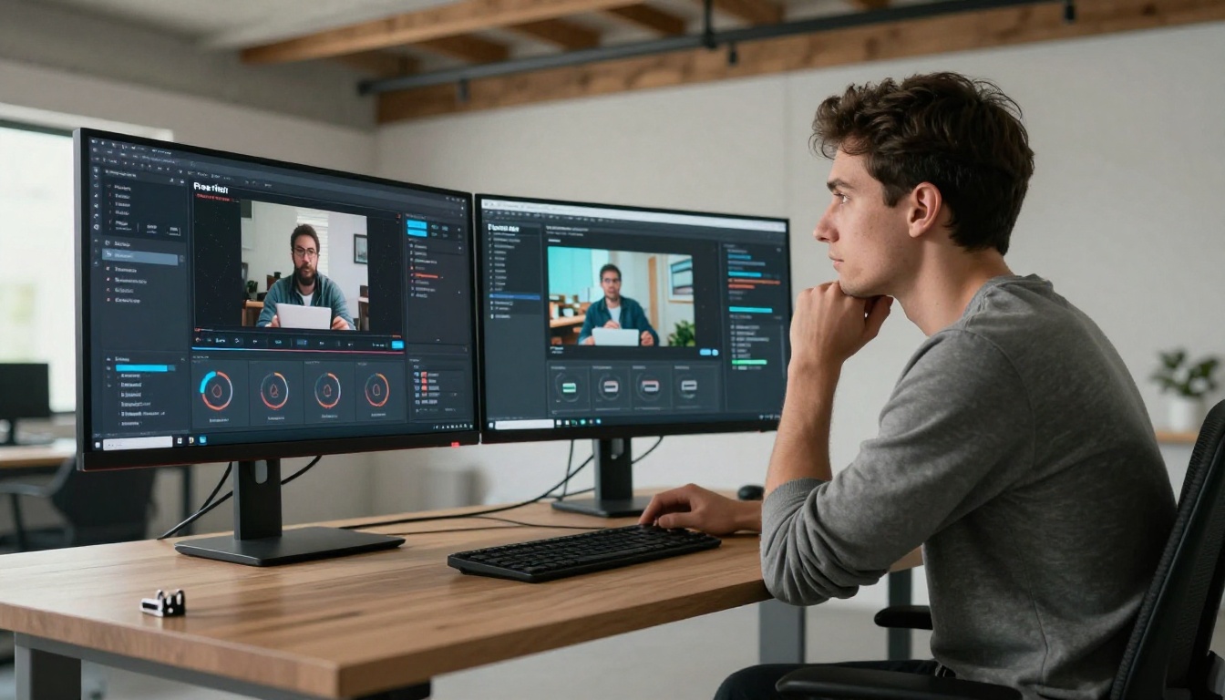 Man analyzing AI video tool comparison on dual widescreen monitors