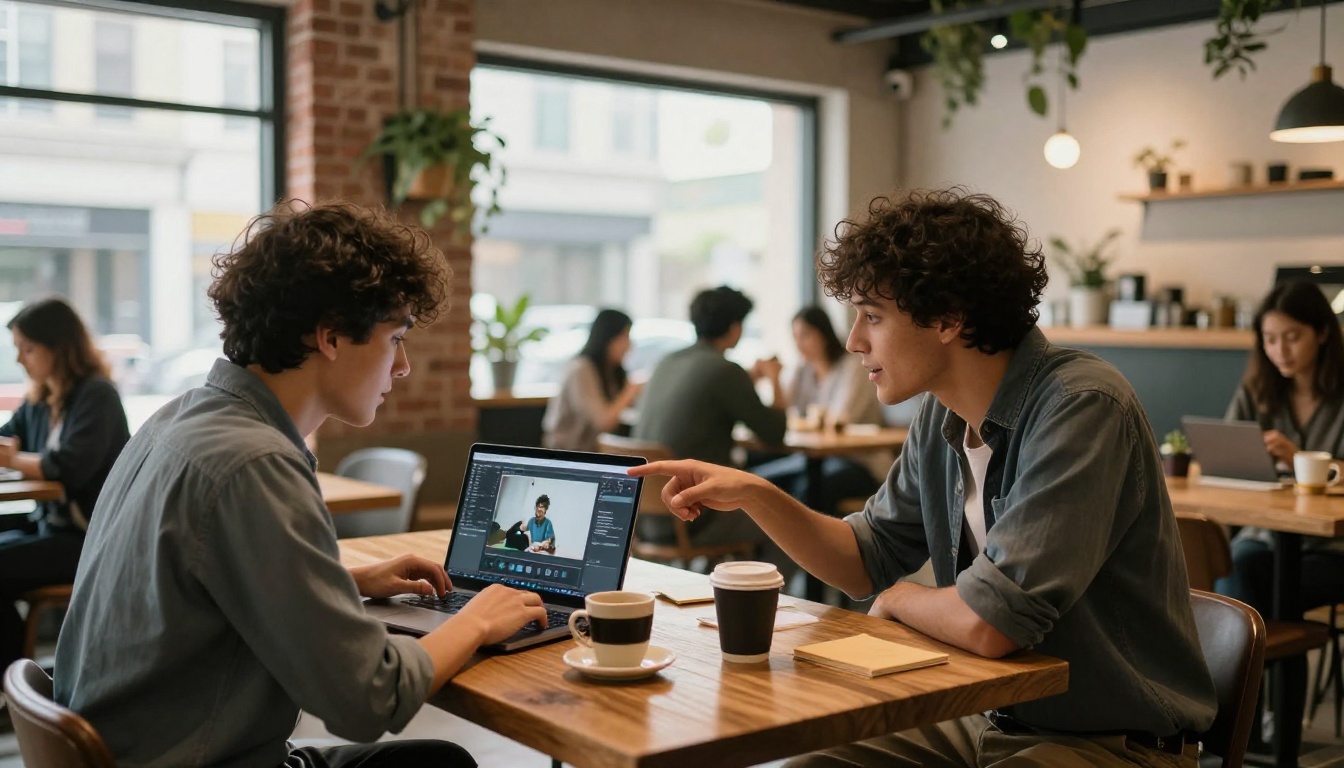 Two creatives collaborating on AI video tool in a morning co-working cafe