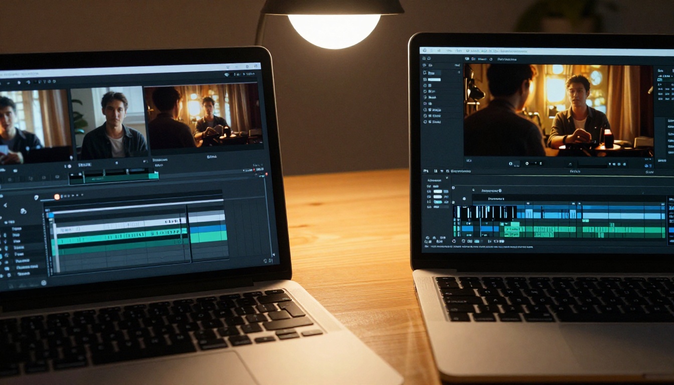 Two laptops side by side showing different video editing interfaces glowing in a dim room Two laptops side by side showing different video editing interfaces glowing in a dim room