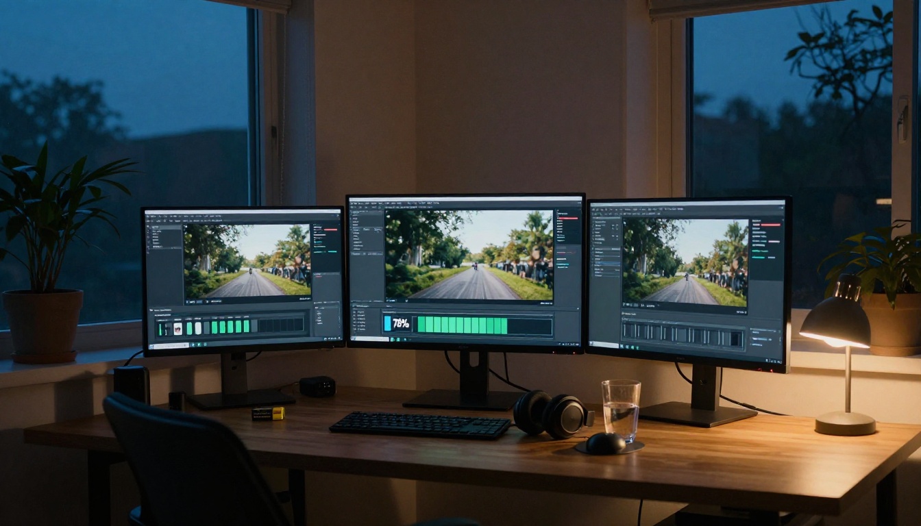 Dusk-lit home office with AI video generation progress on three monitors