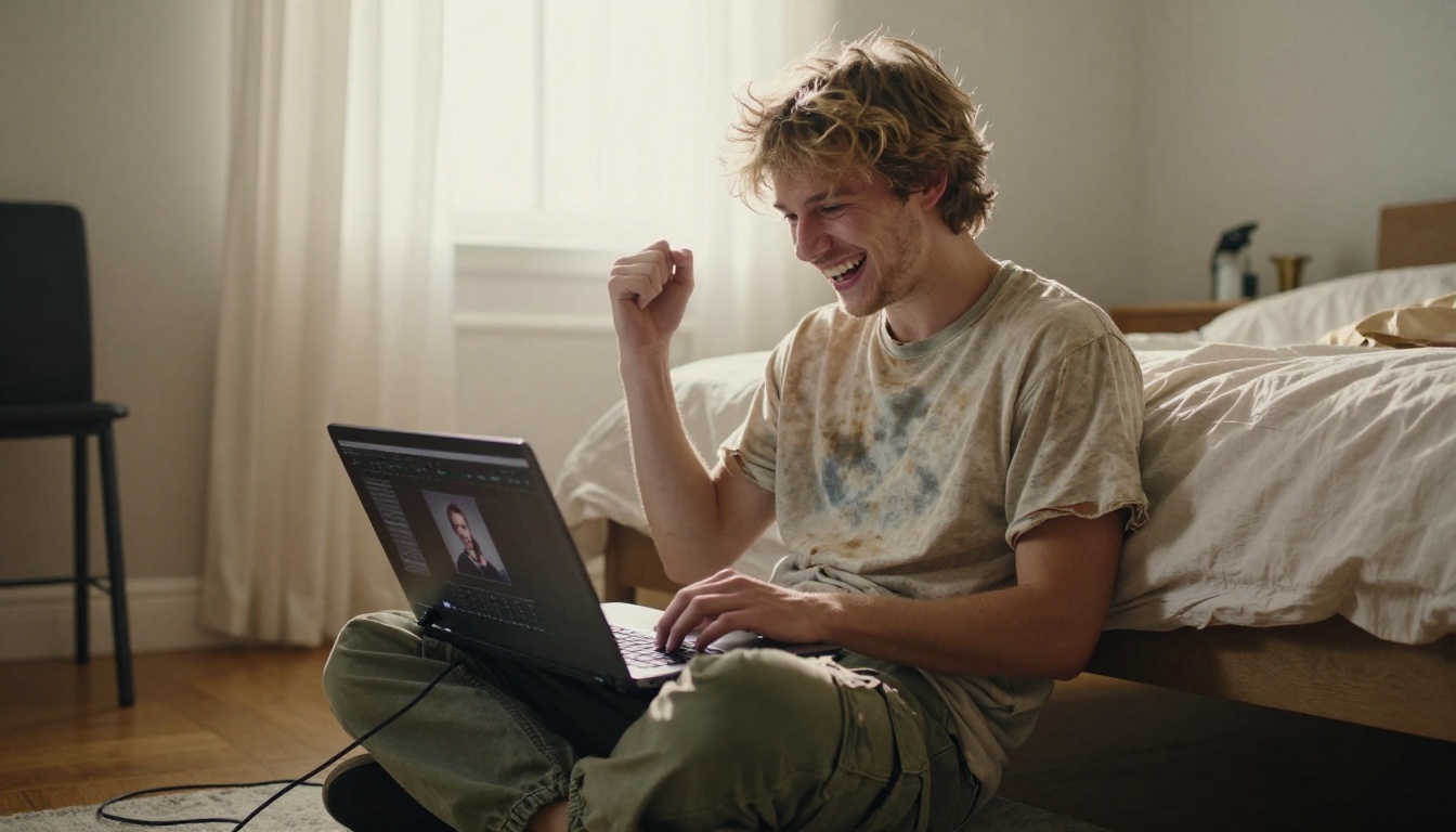 Young man laughing with delight at his AI-generated video on a laptop on his bedroom floor Young man laughing with delight at his AI-generated video on a laptop on his bedroom floor
