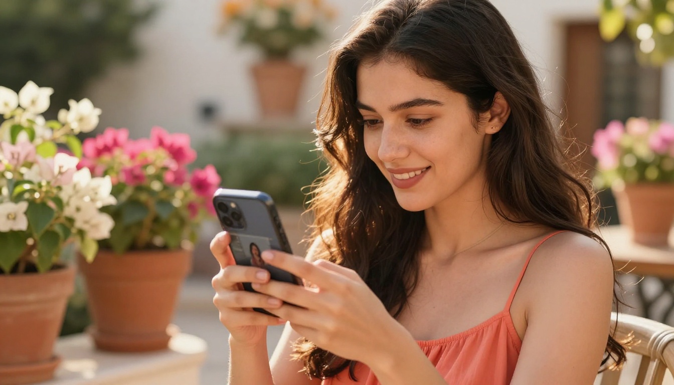 Radiant woman on sunny terrace delighted by completed AI video on smartphone