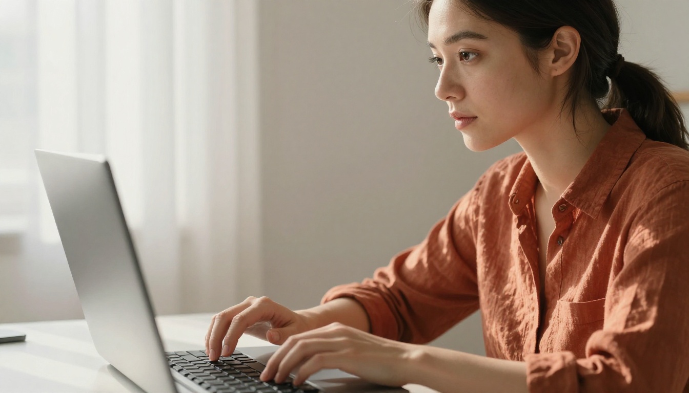 Creative professional studying AI output on a laptop in warm morning light