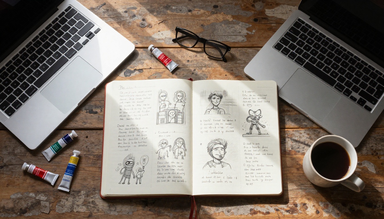 Overhead flat lay of a creative workspace with sketchbook, laptop, and watercolor supplies
