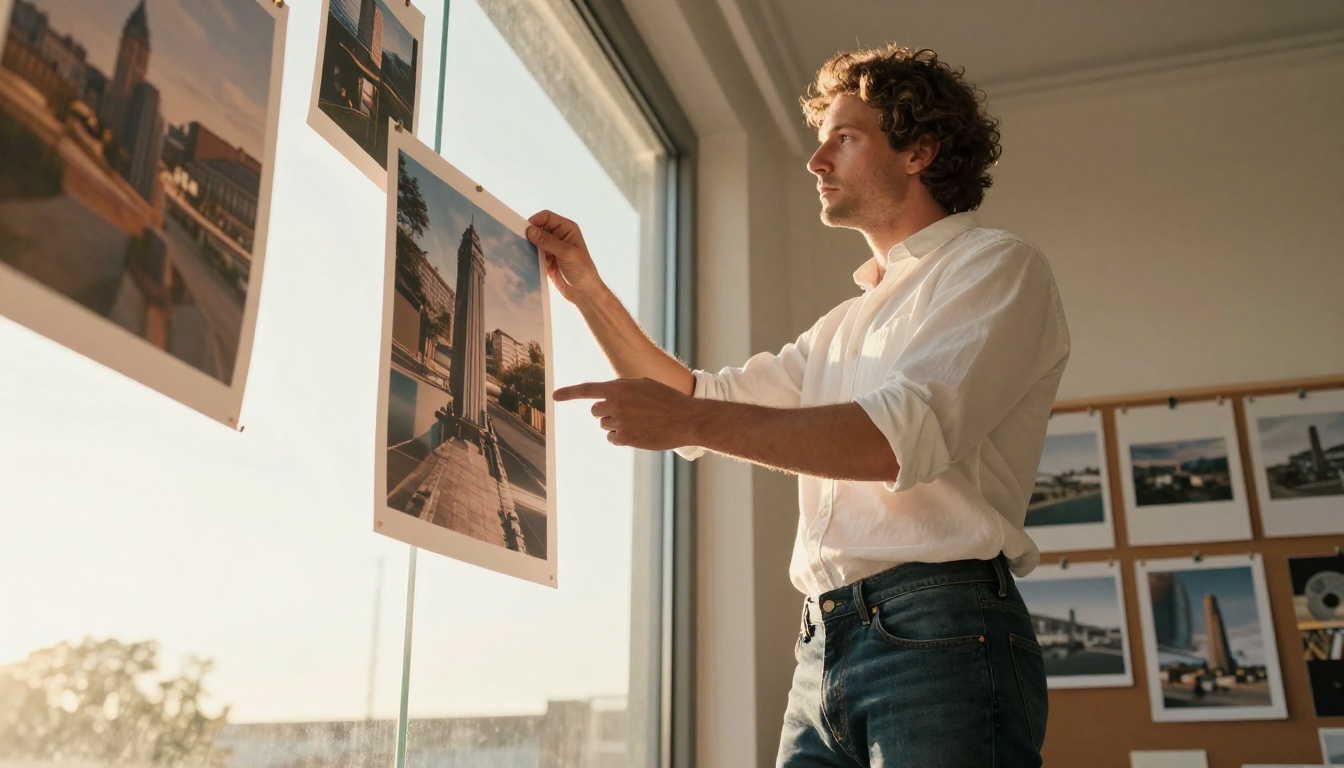 A man examining printed photographs in a sun-lit photography studio