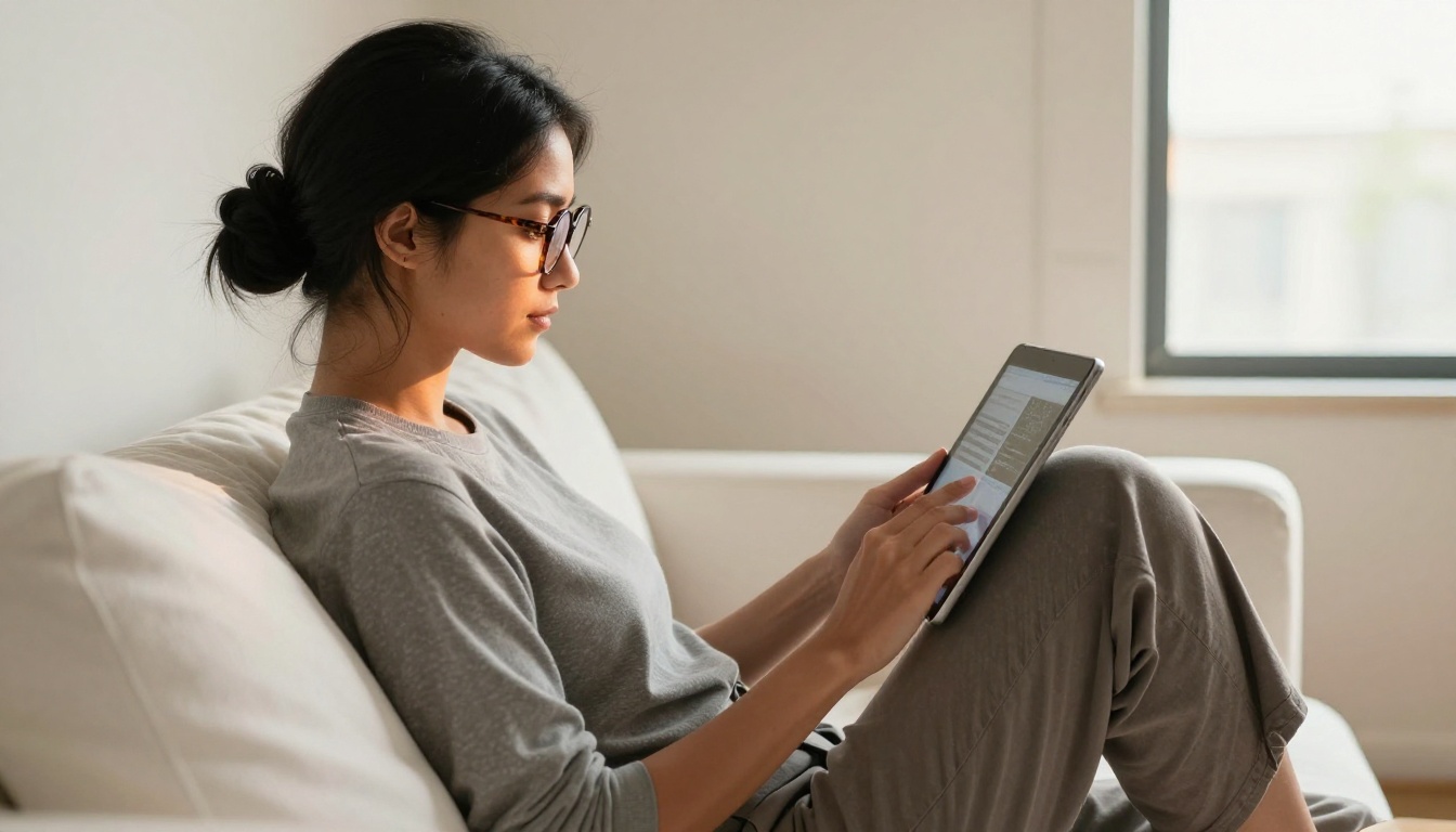 Woman reading AI-generated content on a tablet in natural afternoon window light
