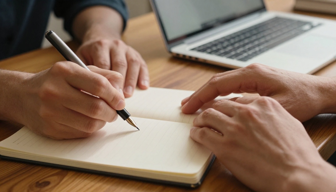 Close-up of a hand writing in a notebook and another hand typing on a keyboard side by side